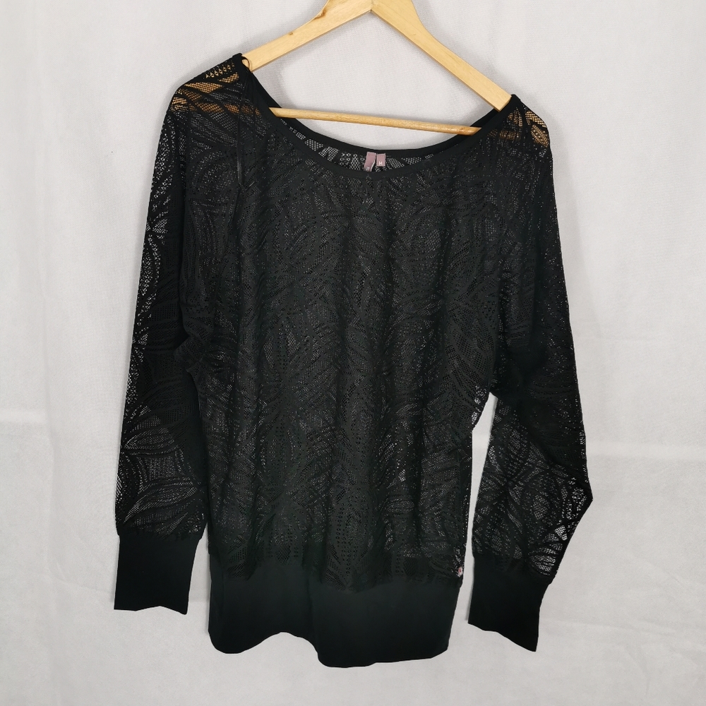 SWEATY BETTY Black Top Size M 12 14 Sheer Mesh Lace Sports Gym Yoga Ladies - Picture 1 of 7